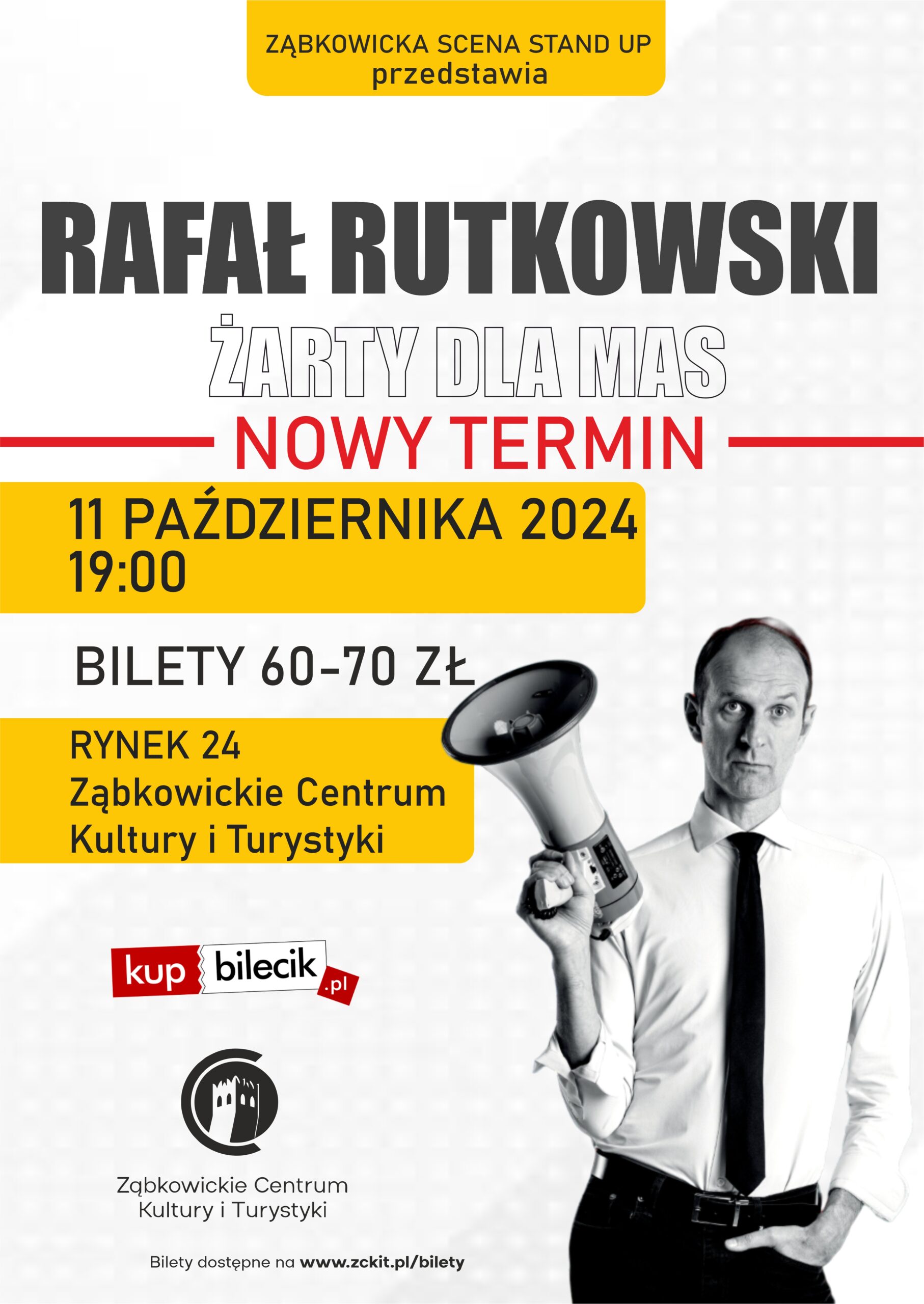 Plakat informujący o występie Rafała Rutkowskiego 11 października 2024 o godzinie 19:00 w Ząbkowickim Centrum Kultury i Turystyki.