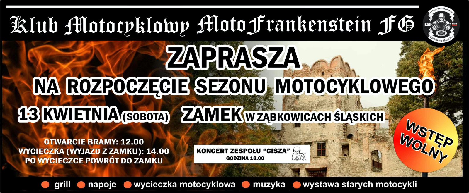 Plakat informacyjny Klubu Motocyklowego MotoFrankenstein o rozpoczęciu sezonu motocyklowego 13 kwietnia 2024 na Zamku w Ząbkowicach Śląskich.