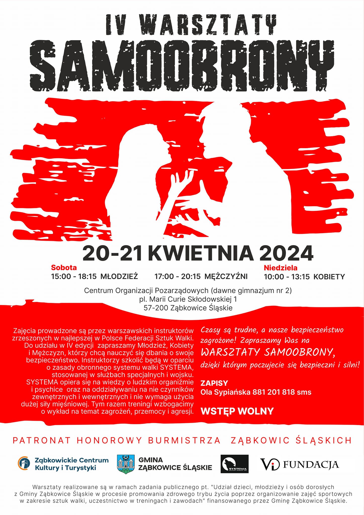 Plakat informujący o czwartych warsztatach samoobrony na biało-czerwonym tle, które odbędą się 20 i 21 kwietnia 2024 roku w Centrum Organizacji Pozarządowych w Ząbkowicach Śląskich.