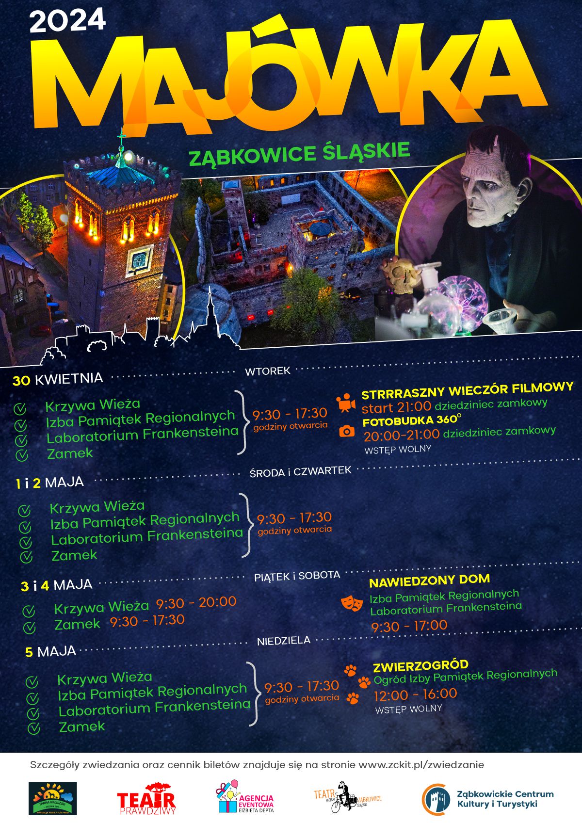 Plakat informujący o atrakcjach w Ząbkowicach Śląskich podczas Majówki 2024. Na plakacie znajdują się zdjęcia Krzywej Wieży, Zamku i Laboratorium Frankensteina.