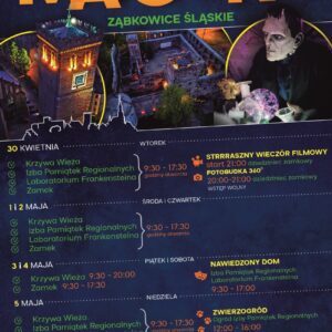 Plakat informujący o atrakcjach w Ząbkowicach Śląskich podczas Majówki 2024.
