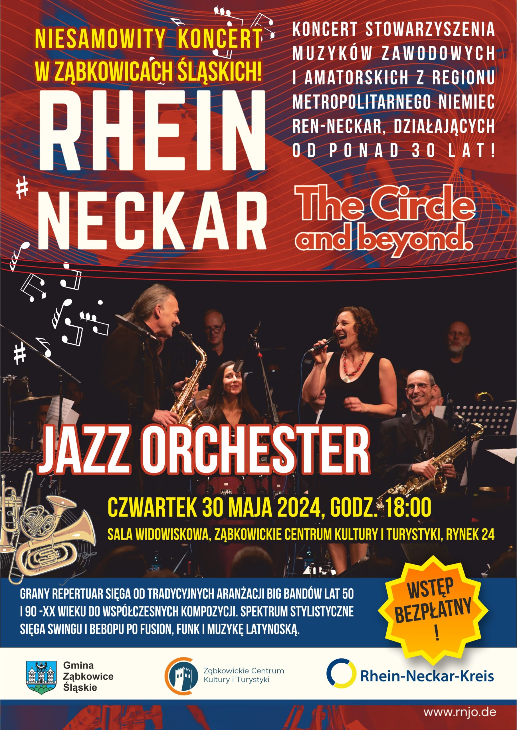 Plakat informujący o koncercie Rhein Neckar, Jazz Orchester i The Circle and beyond 30 maja 2024 o godzinie 18:00 w Ząbkowickim Centrum Kultury i Turystyki.